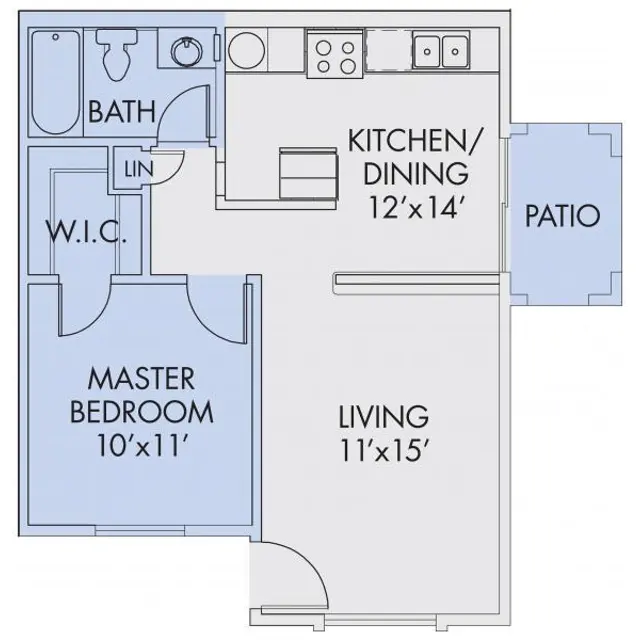 Compact Apartment Floor Plan A floor plan layout of a small apartment. It includes labeled rooms such as a master bedroom, living room, kitchen/dining area, bath, and patio, with dimensions provided for each space.