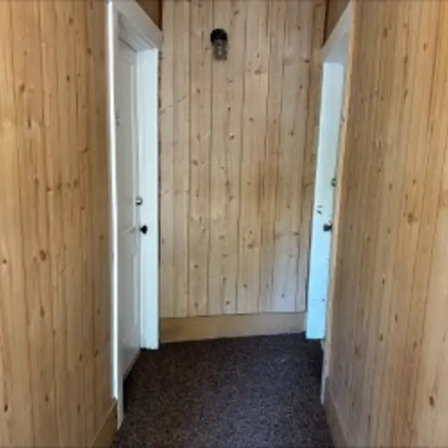 A hallway with wooden paneled walls and carpeted floor, featuring two doorways on either side and lighting fixture above.