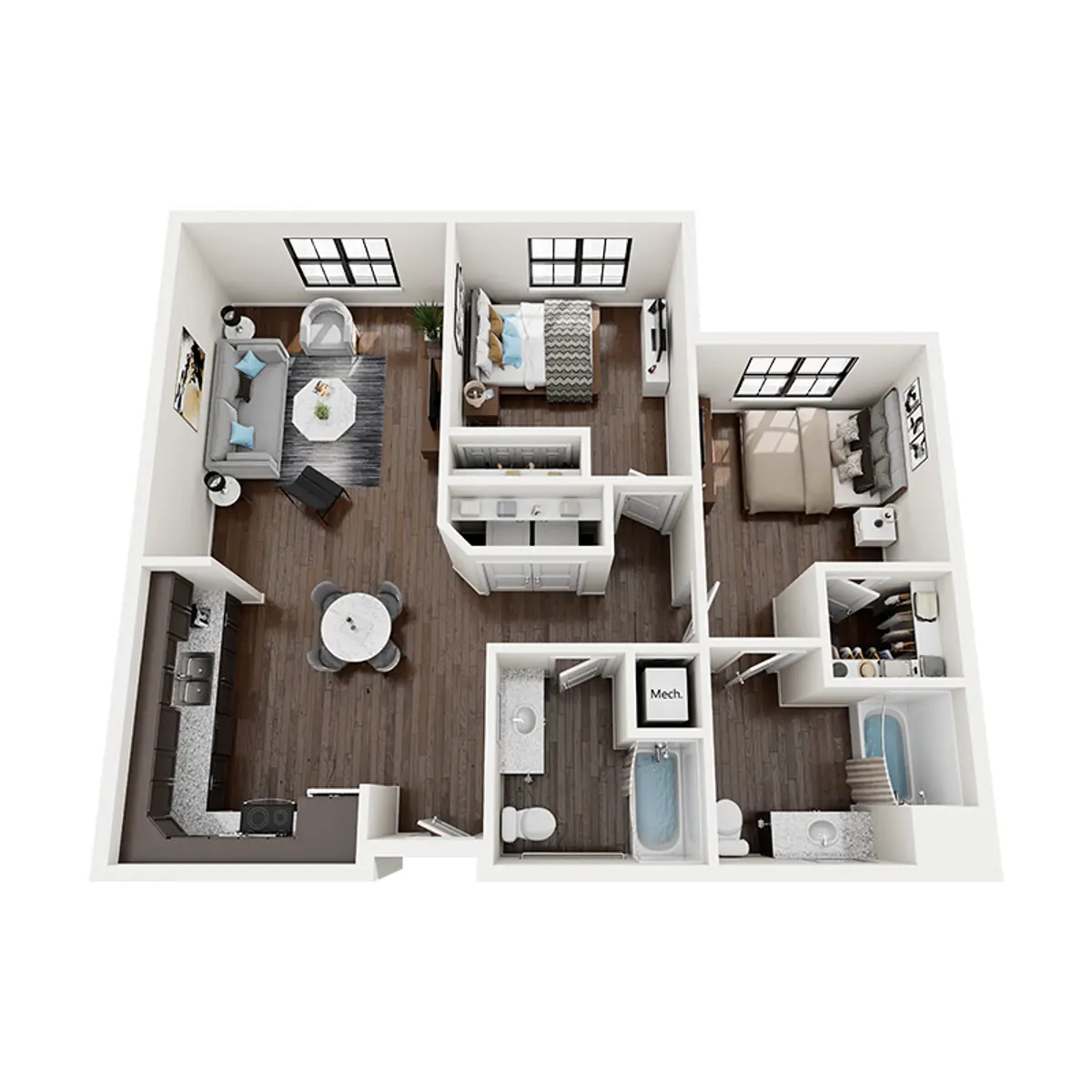 An overhead view of a modern apartment layout with living area, kitchen, two bedrooms, bathroom, and laundry area.