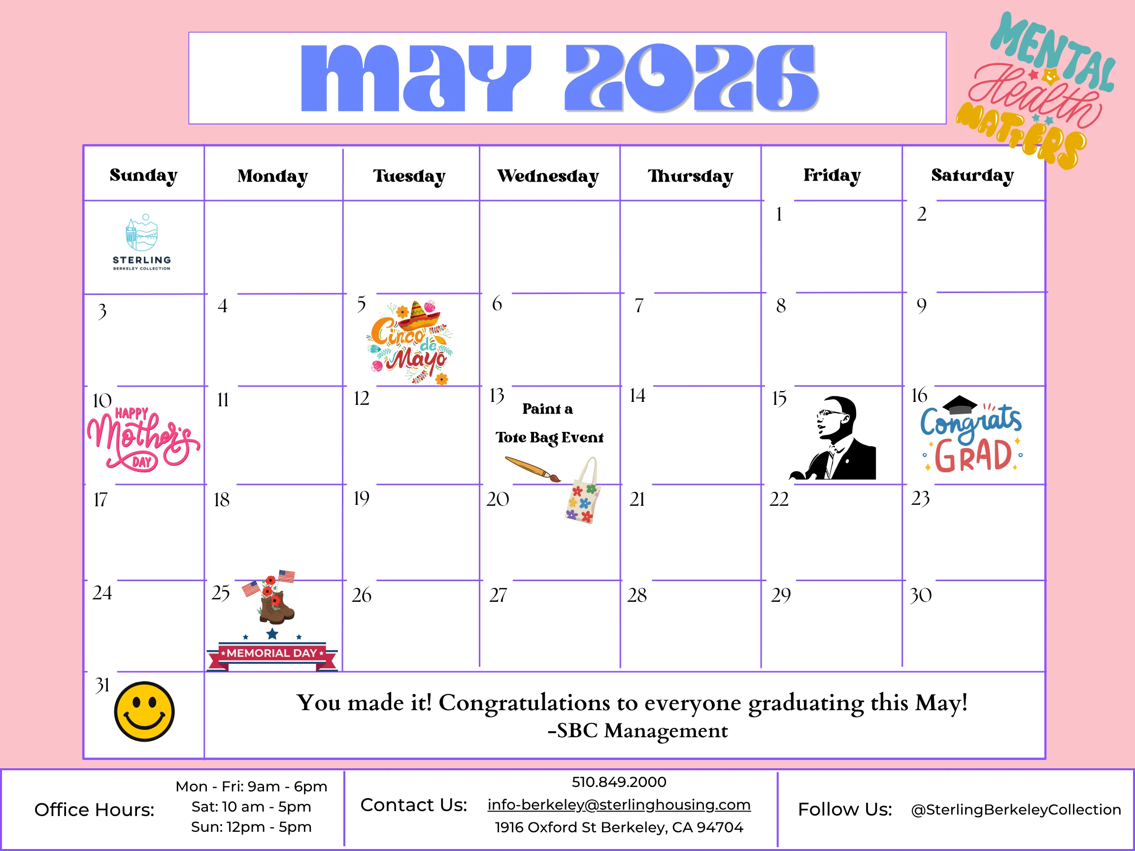 A colorful calendar for May 2026 featuring notable events such as Mother's Day, Memorial Day, and graduation congratulations. The calendar includes an art event titled 'Paint a Tote Bag' and other visual elements.