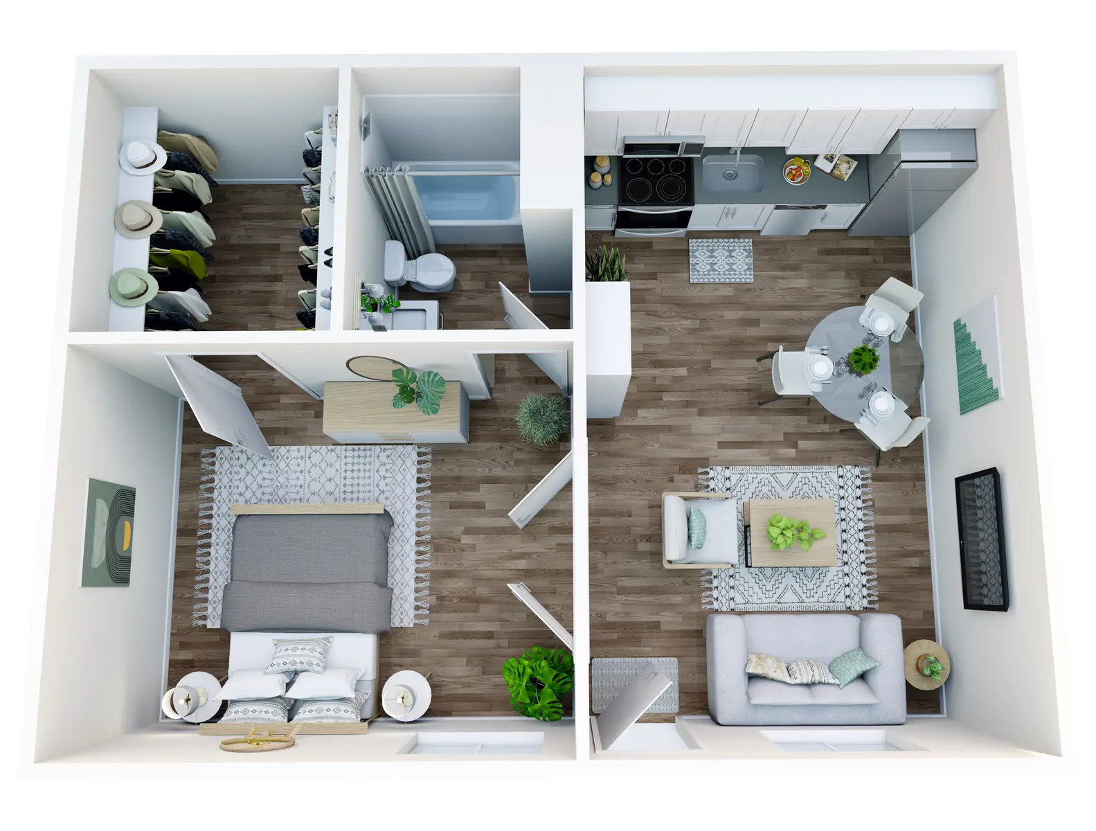 Aerial view of a modern one-bedroom apartment layout featuring a living area with a gray sofa, a dining area with white chairs and a table, a kitchen with stainless steel appliances, and a bedroom with a bed and stylish decor.