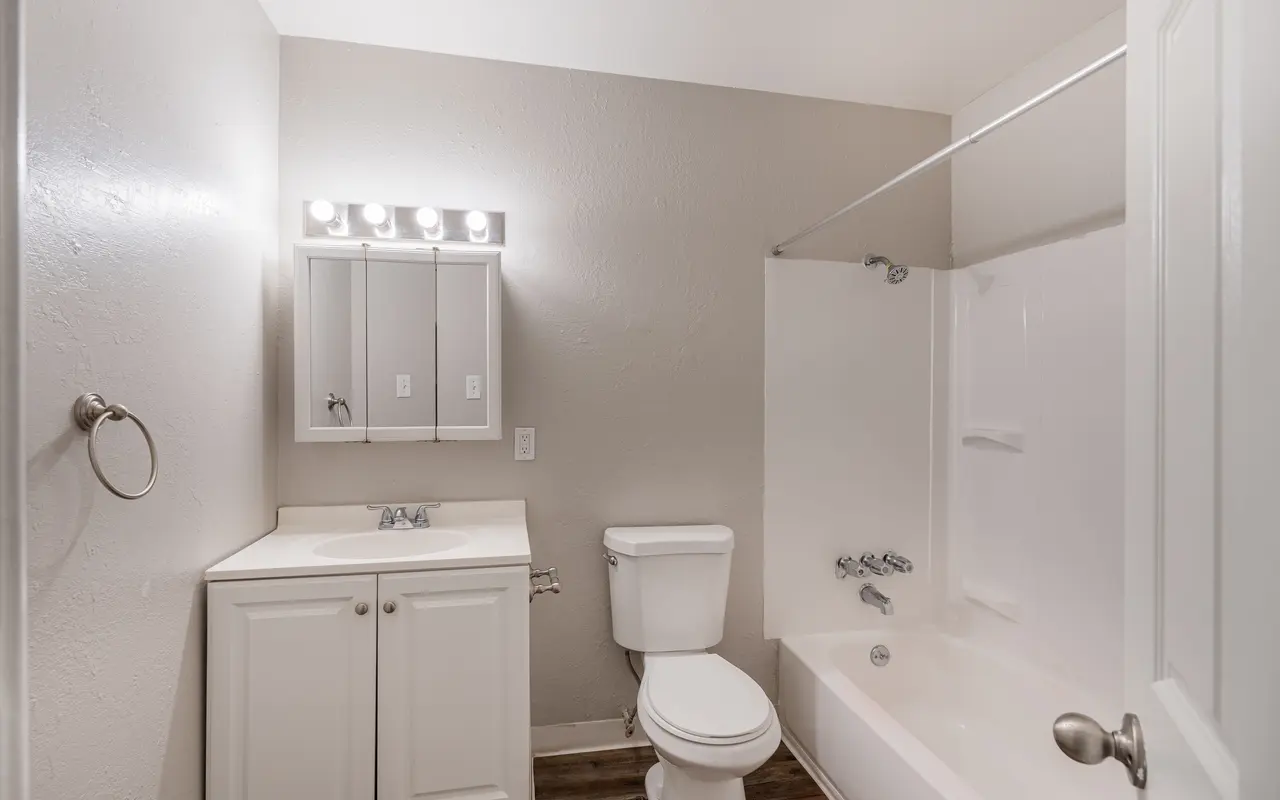 A modern bathroom with a bathtub, shower, toilet, and sink with white cabinetry.