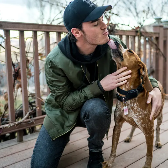 A young man kneels on a wooden deck, playfully kissing a brown dog that is licking his face. They share a joyful moment together.