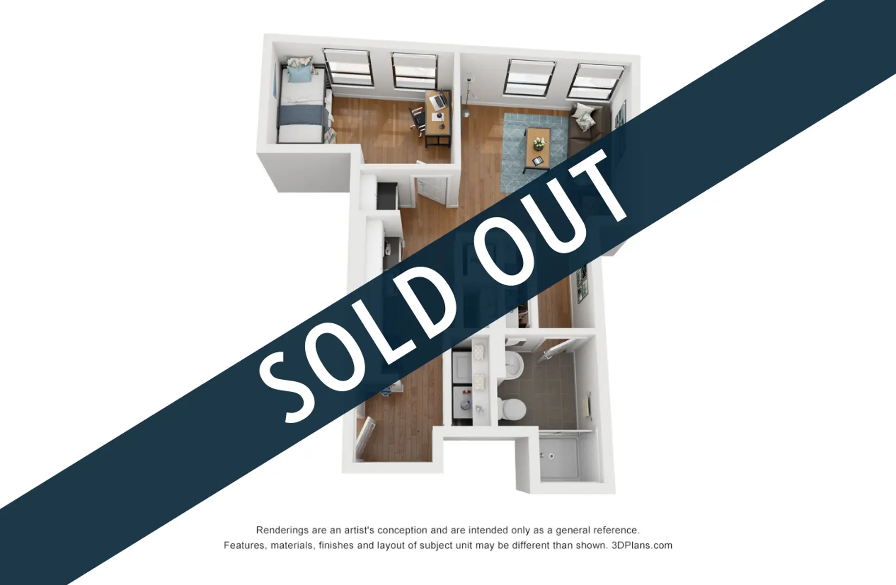 An overhead view of a floor plan layout featuring a bedroom, living area, and kitchen, with a bold 'SOLD OUT' overlay across the image.