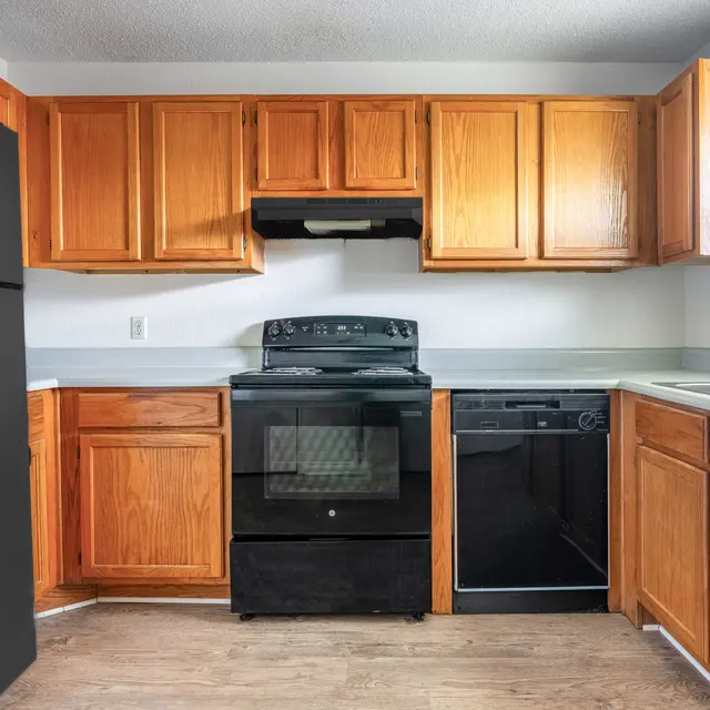 A modern kitchen with wooden cabinets, a black stove, and a black dishwasher. There is a refrigerator on the left and a sink beside the dishwasher. The room has natural light coming from a window.