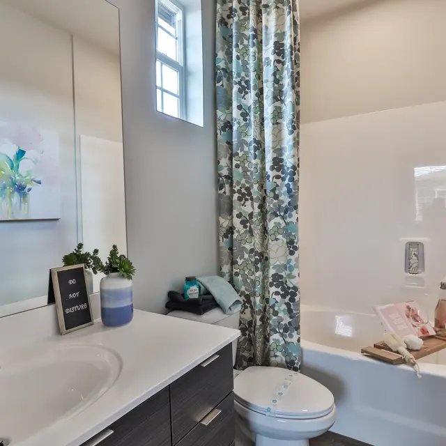 A modern bathroom featuring a tub, a white vanity with a sink, a mirror, and a decorative curtain. Soft colors and natural light highlight the space.