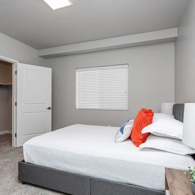 A modern bedroom featuring a bed with white linens, accented by a vibrant orange throw. The walls are painted in a light gray, and there's a window with blinds allowing natural light. A wooden nightstand with a small plant and a lamp sits beside the bed. A closet door is visible in the background.