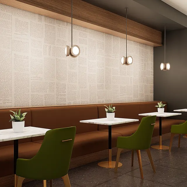 A modern café interior featuring brown upholstered seating and green chairs at tables with white marble tops. Wall adorned with newspaper clippings and soft pendant lighting.