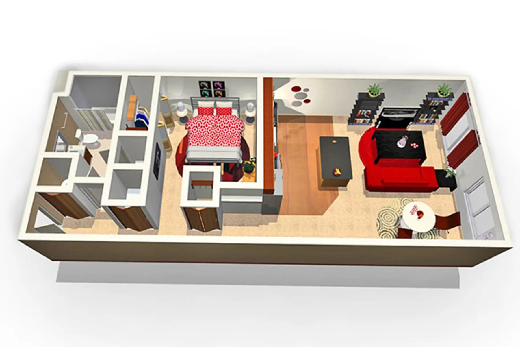 A 3D model floor plan of a small apartment featuring various rooms including a bedroom, bathroom, and a living area.