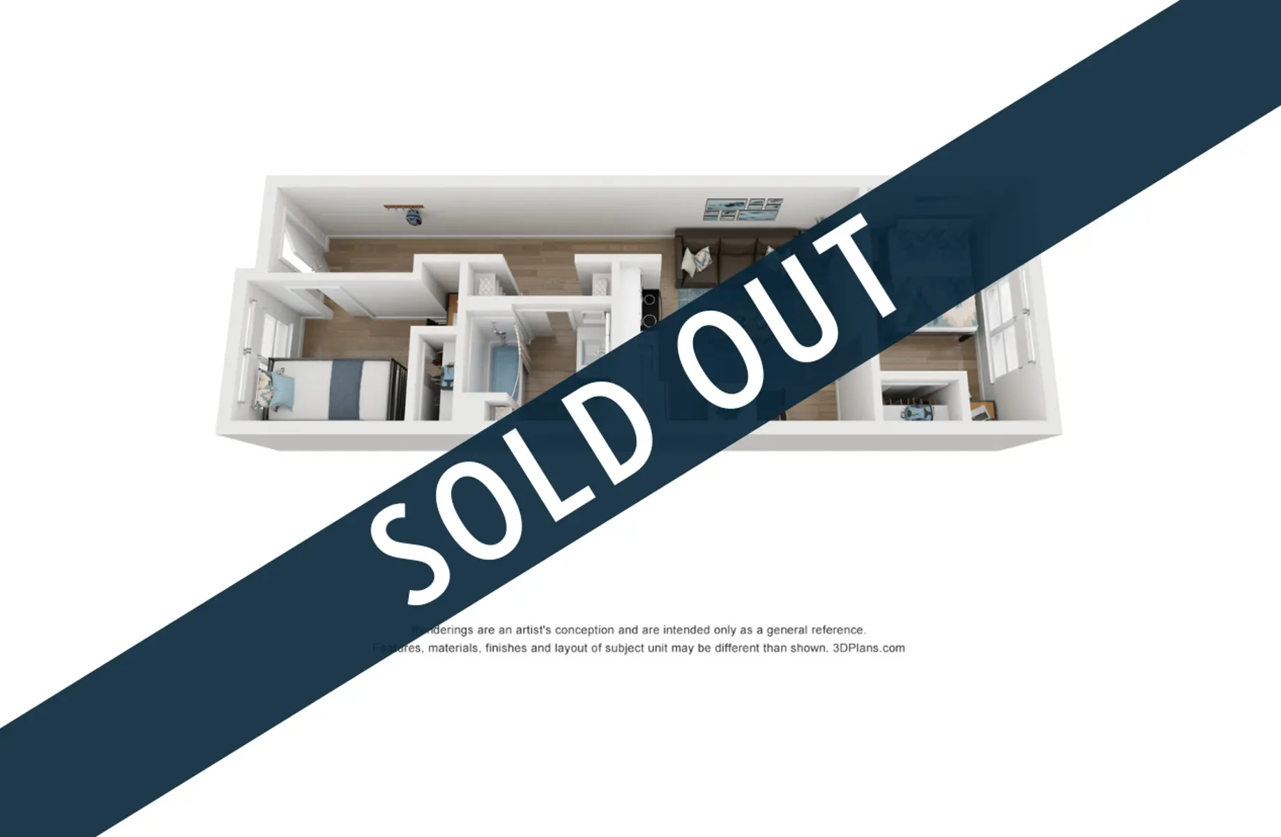 Aerial view of a floor plan showing various rooms and layout, with a 'SOLD OUT' stamp overlaying the image.