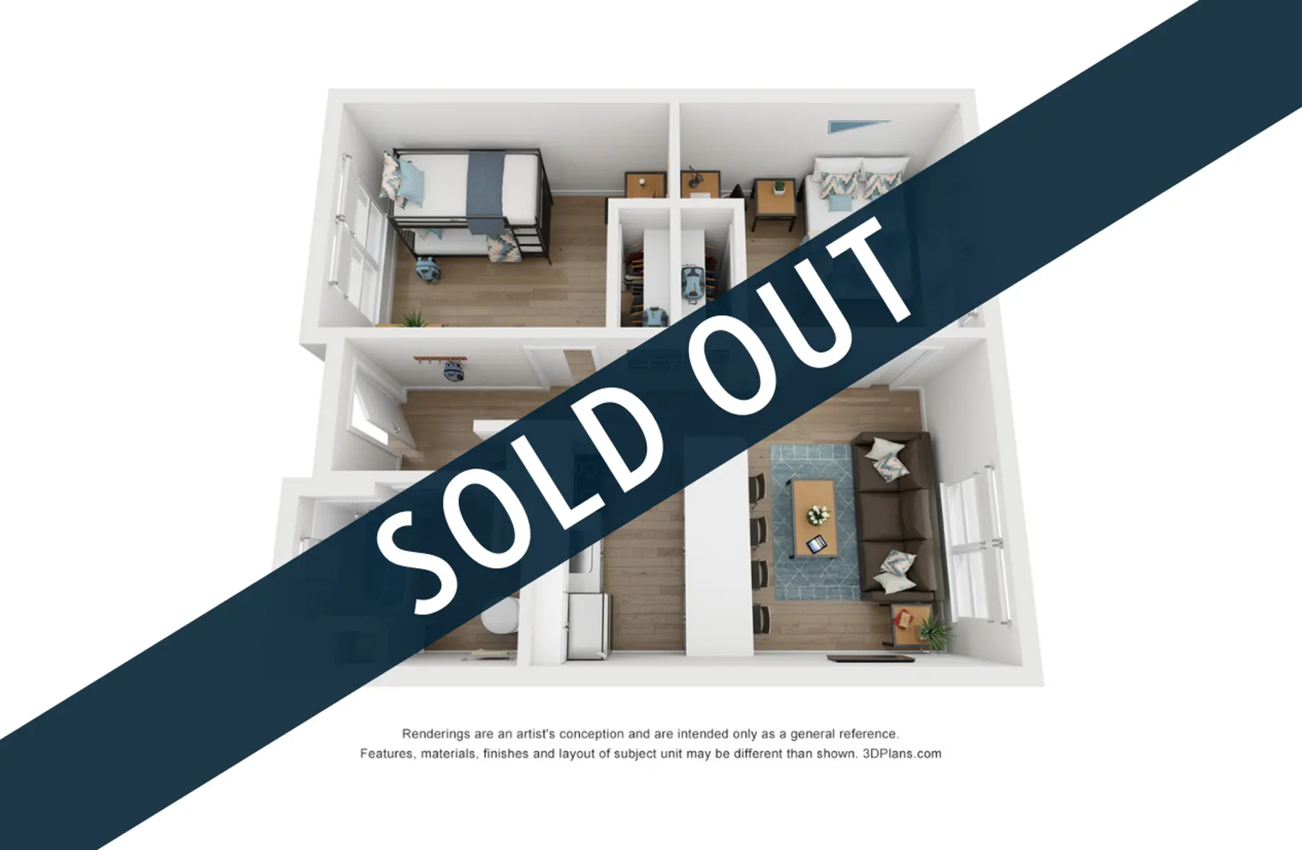 3D rendering of a floor plan with furniture layout