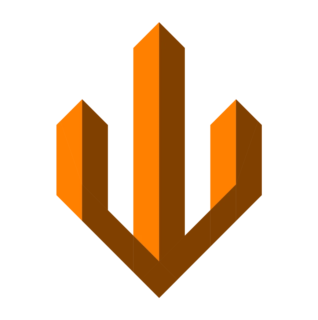 Stylized Geometric Logo A stylized geometric logo featuring an upward-pointing design with three sections: two triangular shapes in orange on each side and a central vertical section in a darker brown shade.