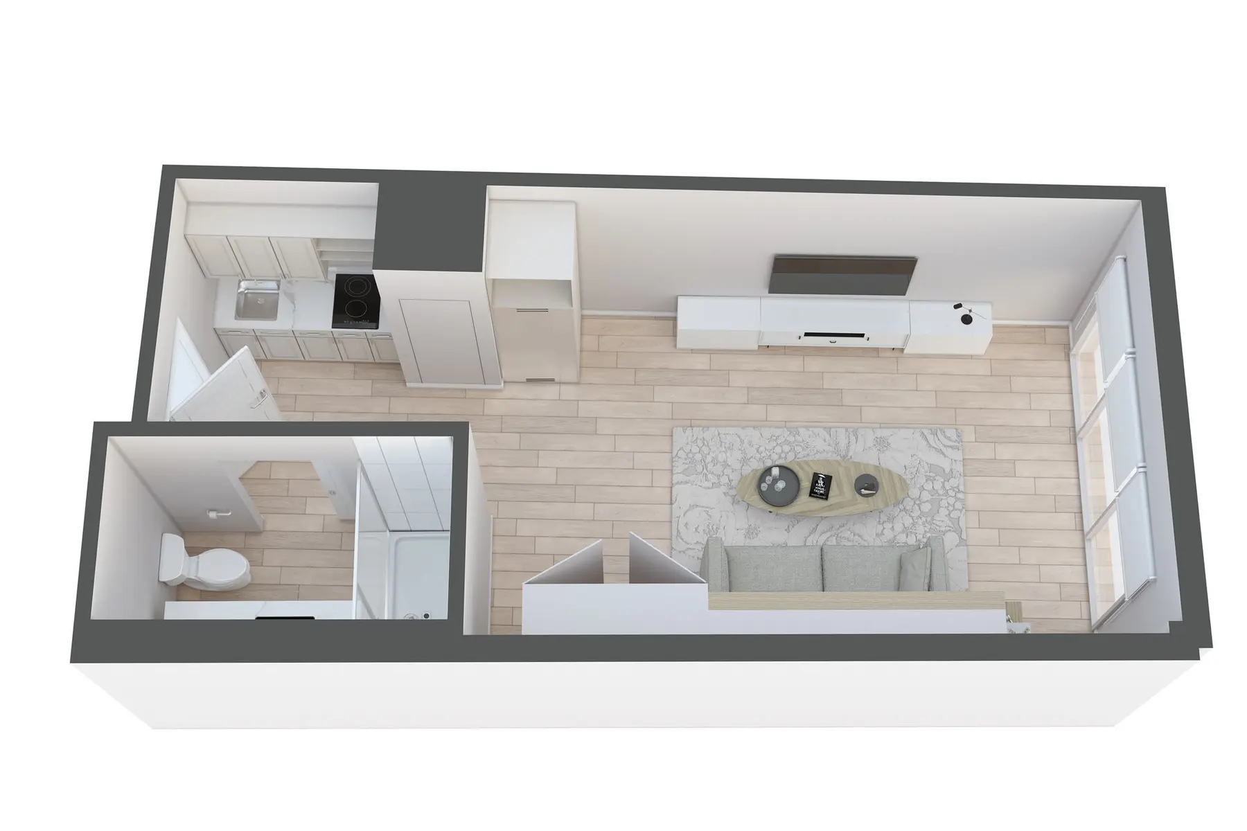 Modern Apartment Layout A modern apartment layout showing an open living area and a separate bathroom. The living area features a couch, coffee table, and entertainment unit, with a kitchenette area visible in the background.
