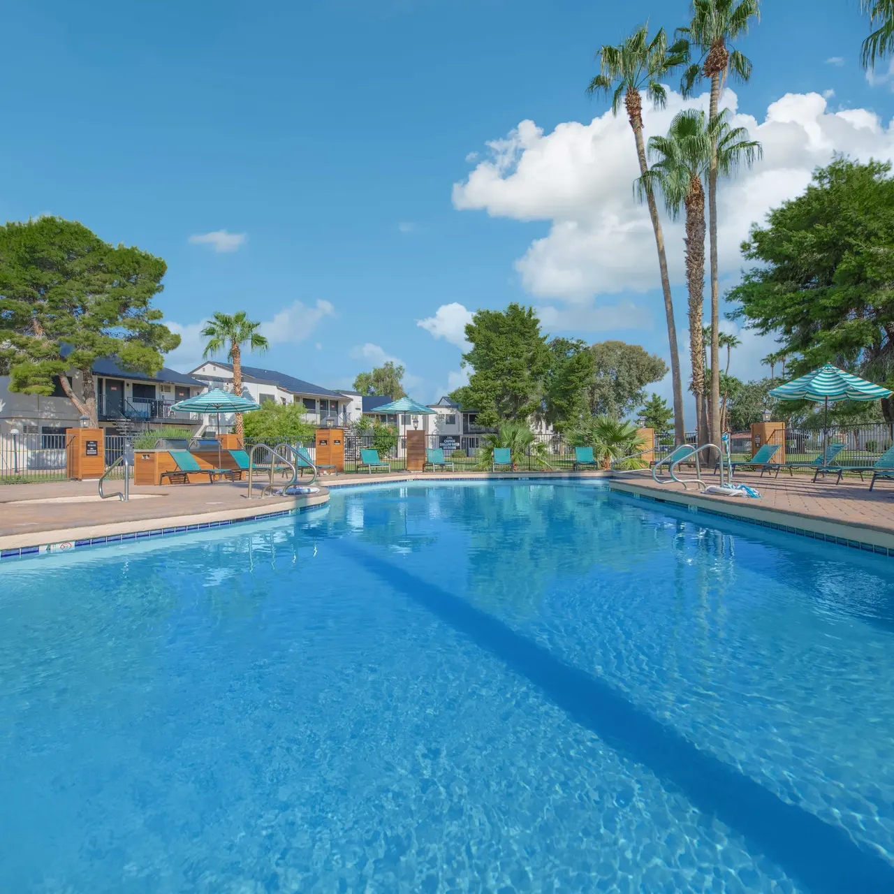 A clear swimming pool surrounded by palm trees and lounge chairs, with blue skies in the background.