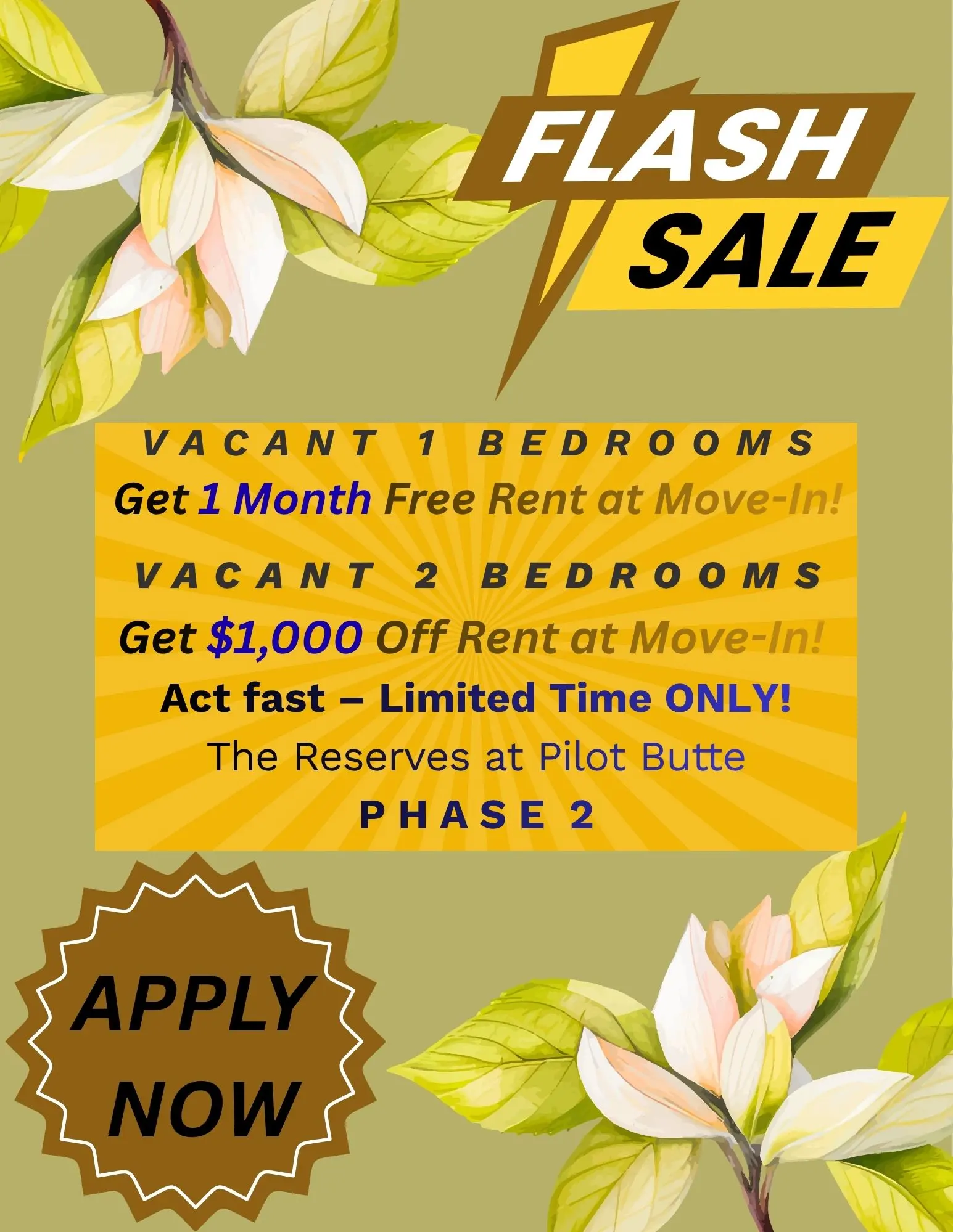 Promotional flyer for a flash sale on apartments featuring flowers and vibrant colors.