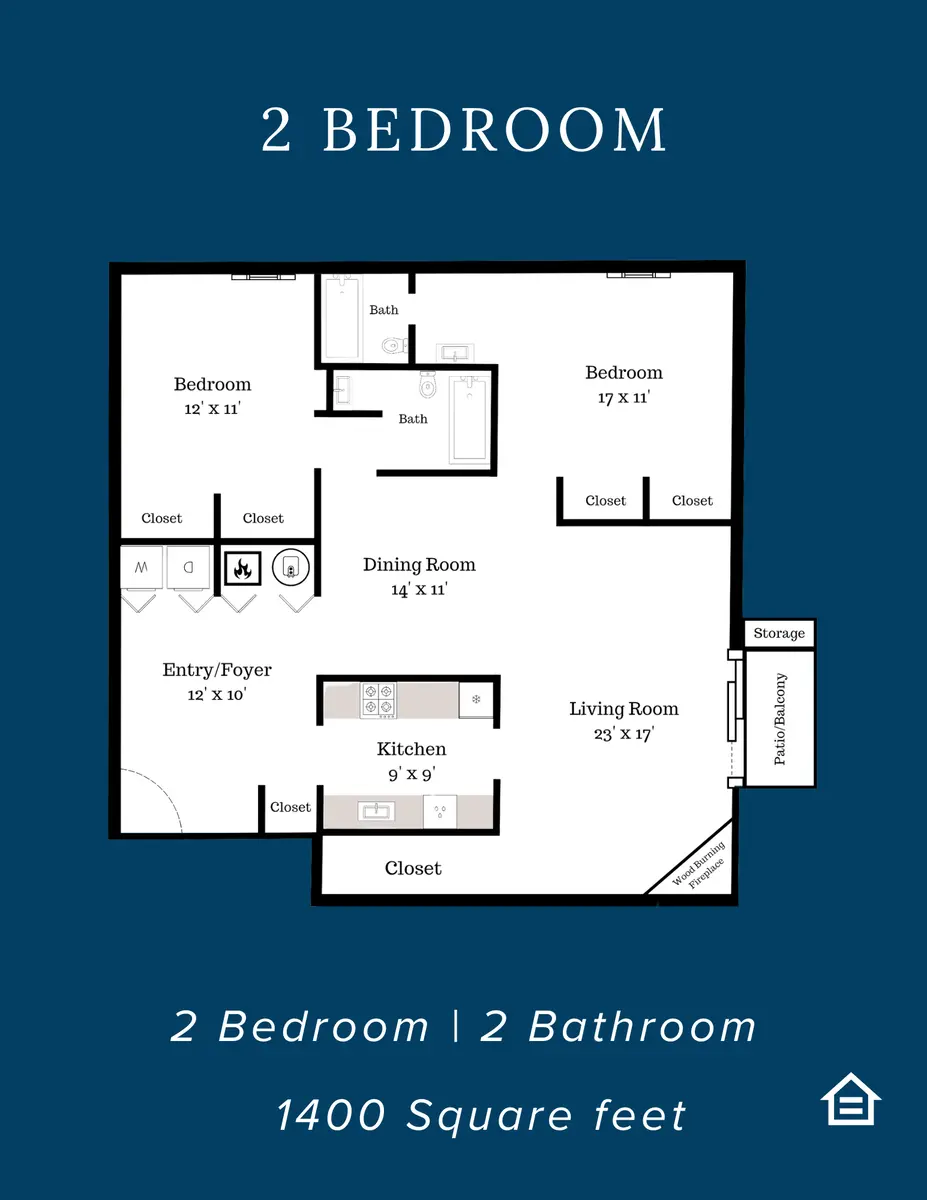 Floor plan of a 2-bedroom apartment featuring 2 bathrooms and a total area of 1400 square feet.