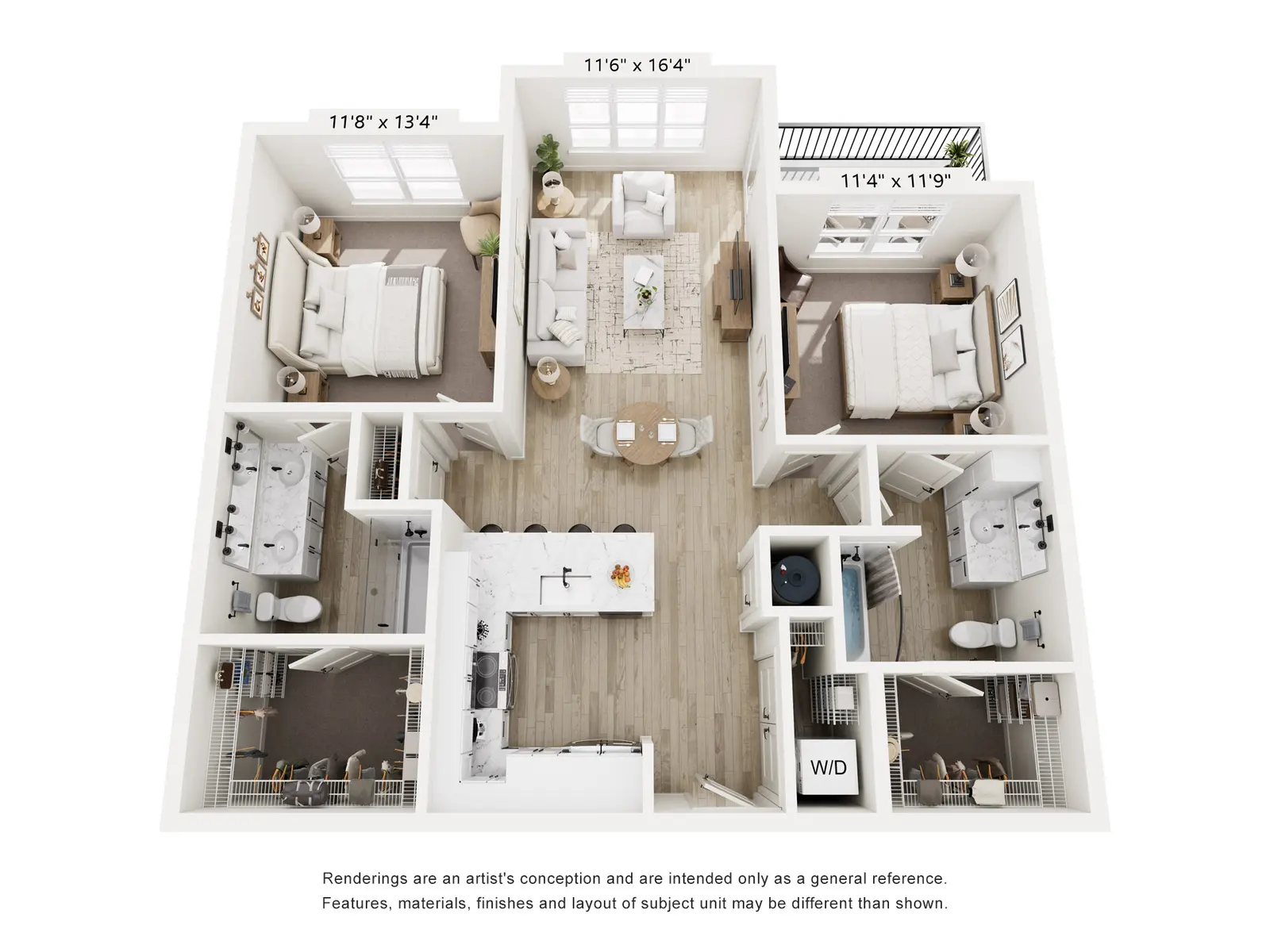 Aerial view of a floor plan for a residential unit featuring two bedrooms, a living room, a dining area, a kitchen, and two bathrooms. Dimensions of each room are indicated. The layout is modern and open, with different zones for living and sleeping.