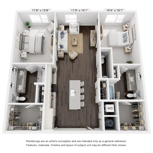 A top-down layout of an apartment showing three bedrooms, a central dining area, and two bathrooms, with dimensions labeled for each room.
