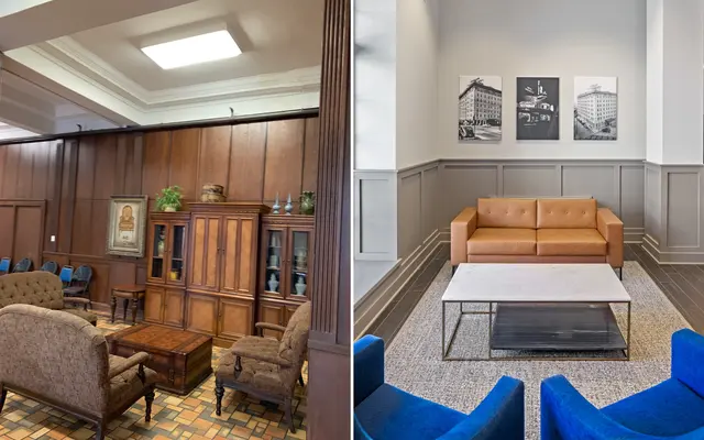 A split image showing two different lounge areas. The left side features a traditional lounge with dark wood paneling, vintage furniture, and a cozy atmosphere. The right side showcases a modern lounge with light walls, contemporary furniture, and artwork on the walls.