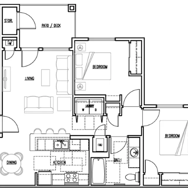 A detailed floor plan of a two-bedroom apartment featuring a living room, kitchen, dining area, laundry, two bathrooms, and a patio or deck.