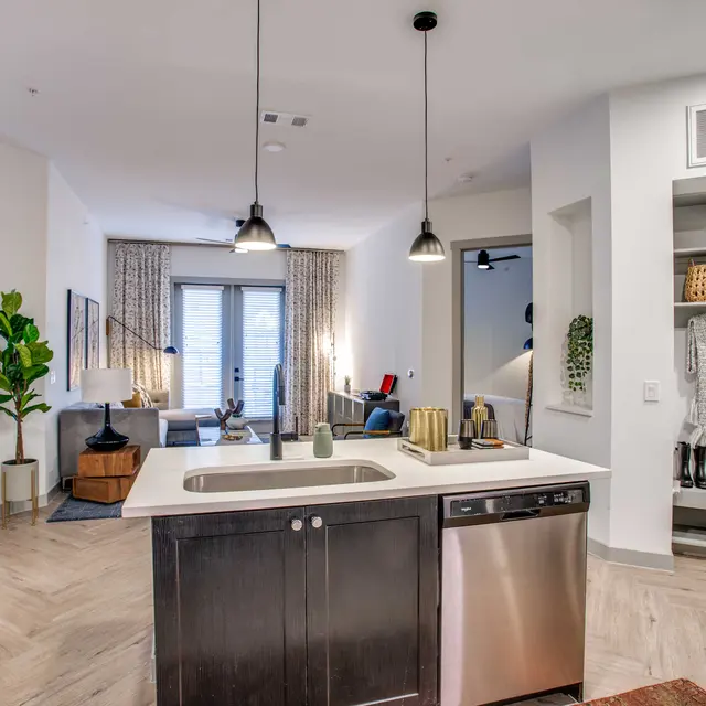 Modern apartment interior featuring an open kitchen and living area with stylish decor.