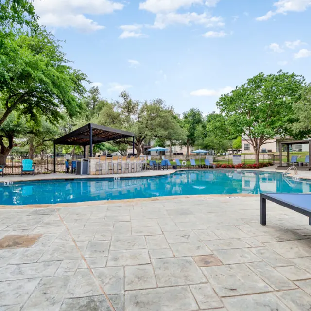 A swimming pool surrounded by trees and lounge chairs on a sunny day.