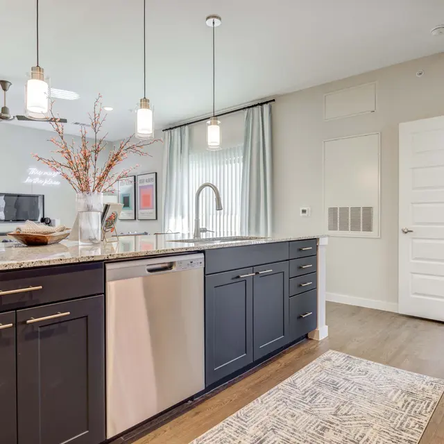 A modern kitchen featuring dark cabinets, stainless steel appliances, and a stylish pendant lighting arrangement. There is a rug on the floor and large windows with curtains, creating a bright atmosphere.