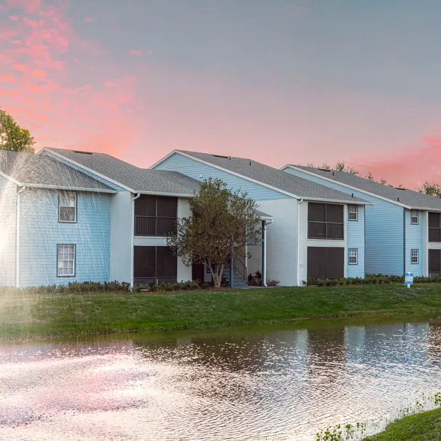Portofino Club Pond with fountain at Portofino Club Luxury Apartments in Jacksonville, FL.