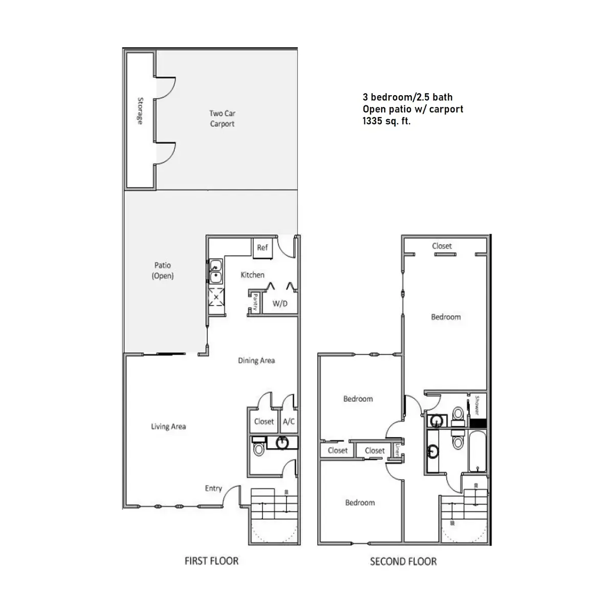 3 Bedroom, 2.5 Bath House Floor Plan A detailed floor plan of a two-story house, featuring 3 bedrooms and 2.5 bathrooms. The first floor includes a living area, dining area, kitchen, and open patio, while the second floor has three bedrooms and two bathrooms. Each area is labeled.