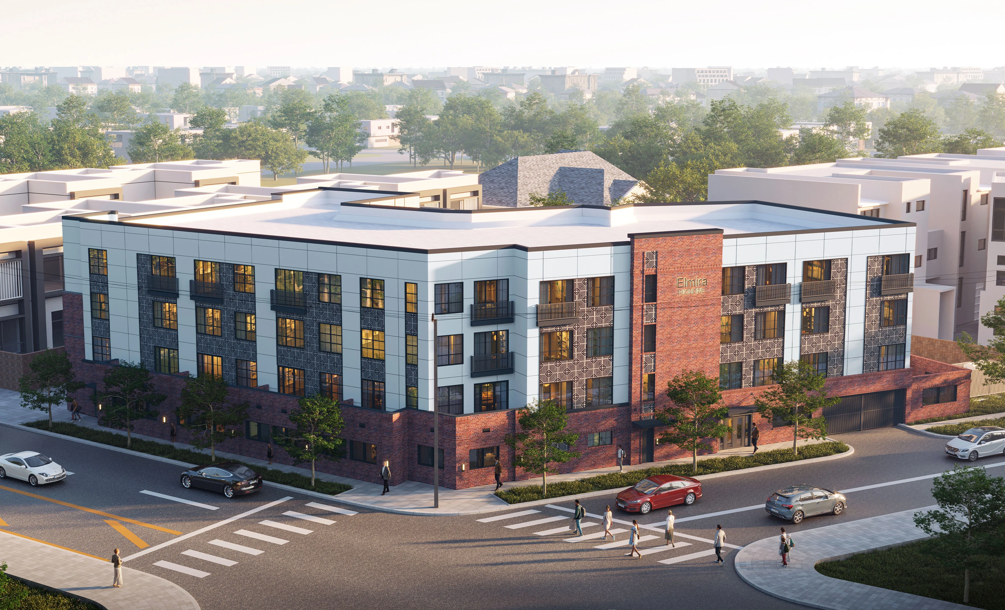 St Mary's & Elmira Flats A modern, multi-story building with a mix of glass, brick, and stone, surrounded by trees and pedestrians on a street corner.