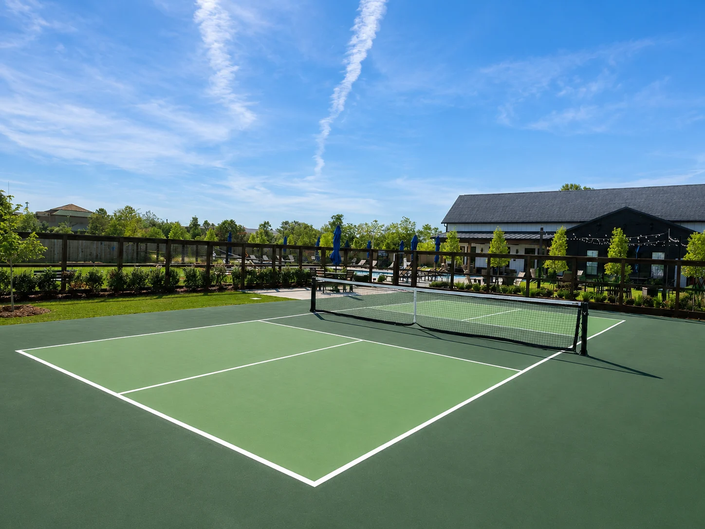 Outdoor Tennis Court An outdoor tennis court with green flooring and a net, surrounded by trees and a blue sky with clouds.