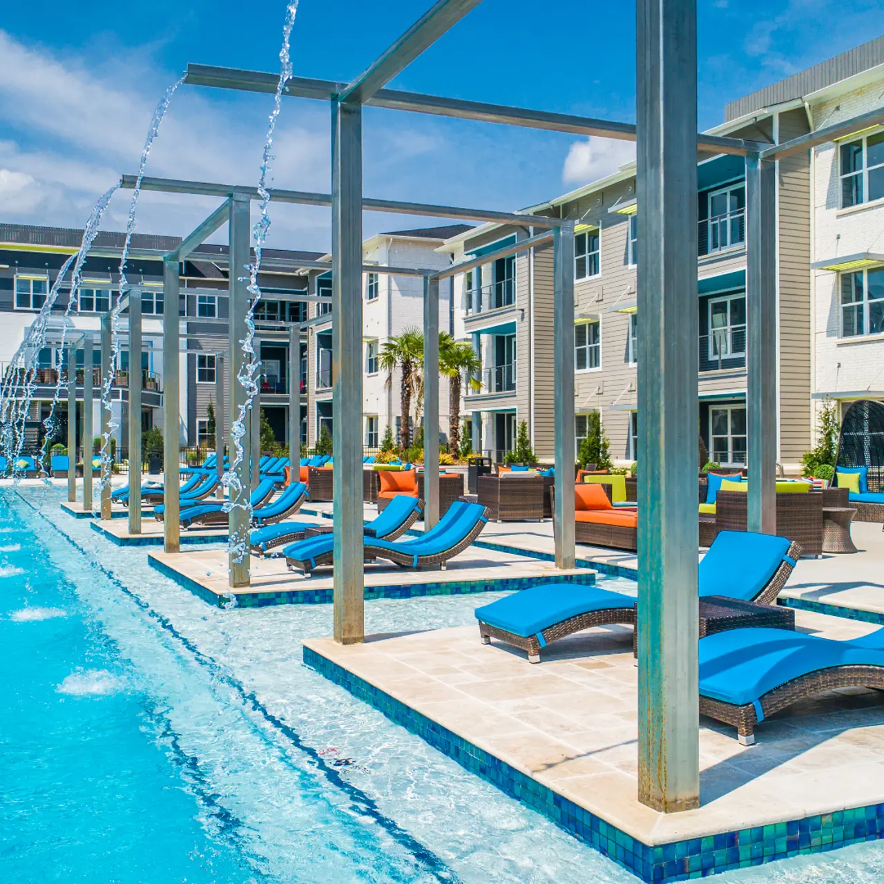 Poolside Cabanas - The Pointe North Hills Photo of island cabana lounge areas in the resort-style pool at The Pointe North Hills.
