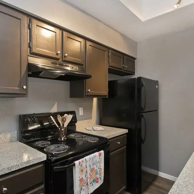 A modern kitchen featuring dark cabinetry and granite countertops. Appliances include a black stove and refrigerator.