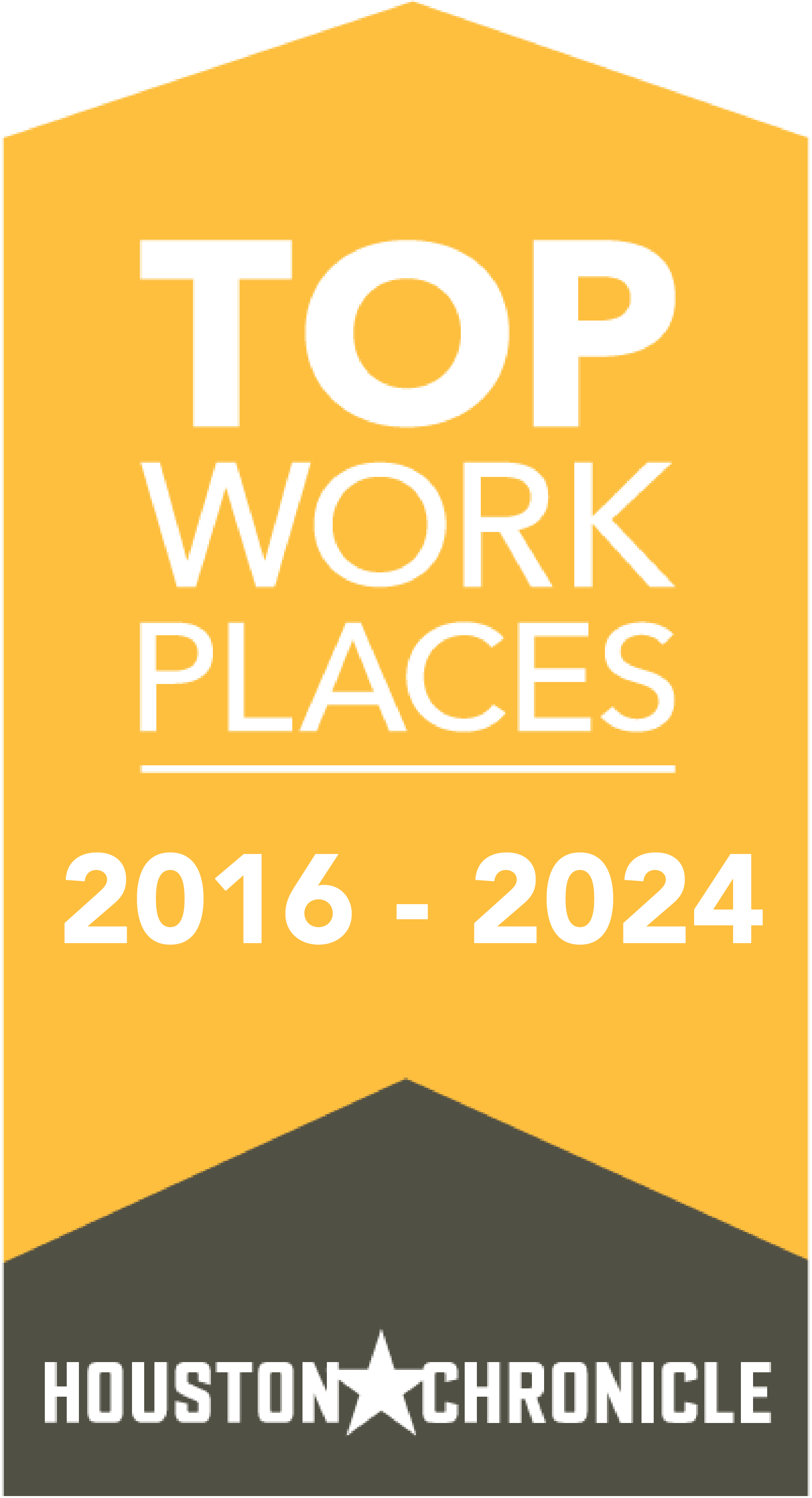 Top Work Places Banner A banner displaying the words 'Top Work Places 2016 - 2024' in bold white text on a yellow background, with the logo of the Houston Chronicle at the bottom.