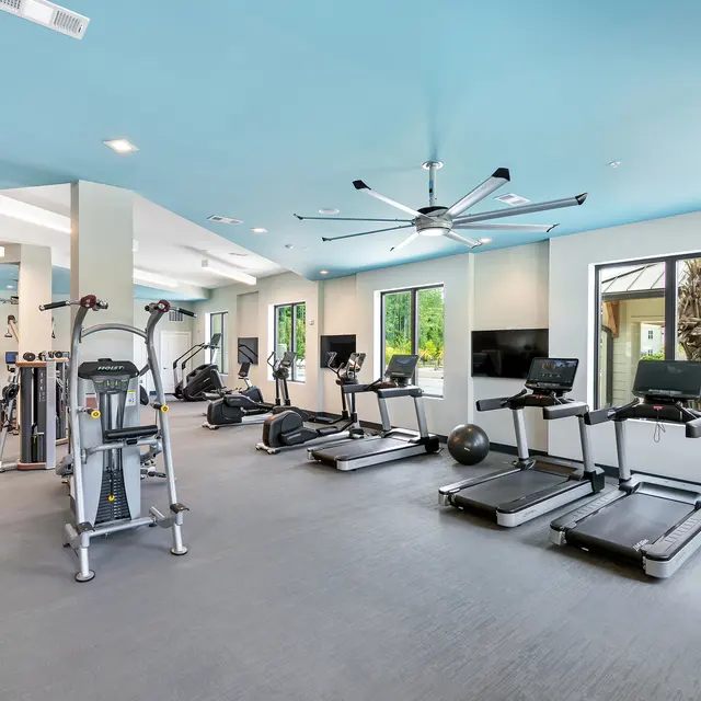 Modern Gym Interior Interior view of a modern gym with exercise equipment and large windows allowing natural light