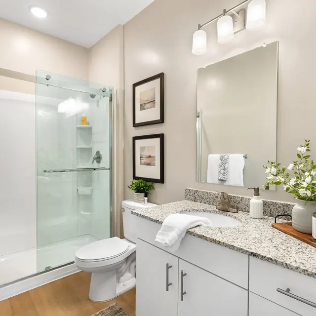 A modern bathroom featuring a glass shower enclosure, a granite countertop, and neutral-toned walls. There are decorative elements such as framed pictures and a vase with flowers on the counter.