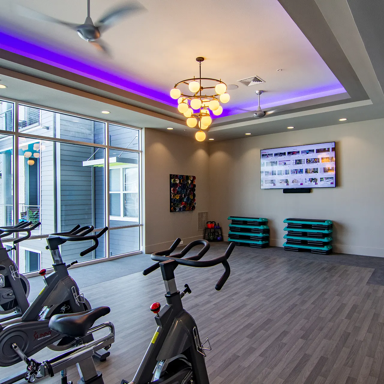 Virtual Fitness Equipment - The Pointe North Hills Photo of the fitness equipment inside the Virtual Fitness Studio at The Pointe North Hills.