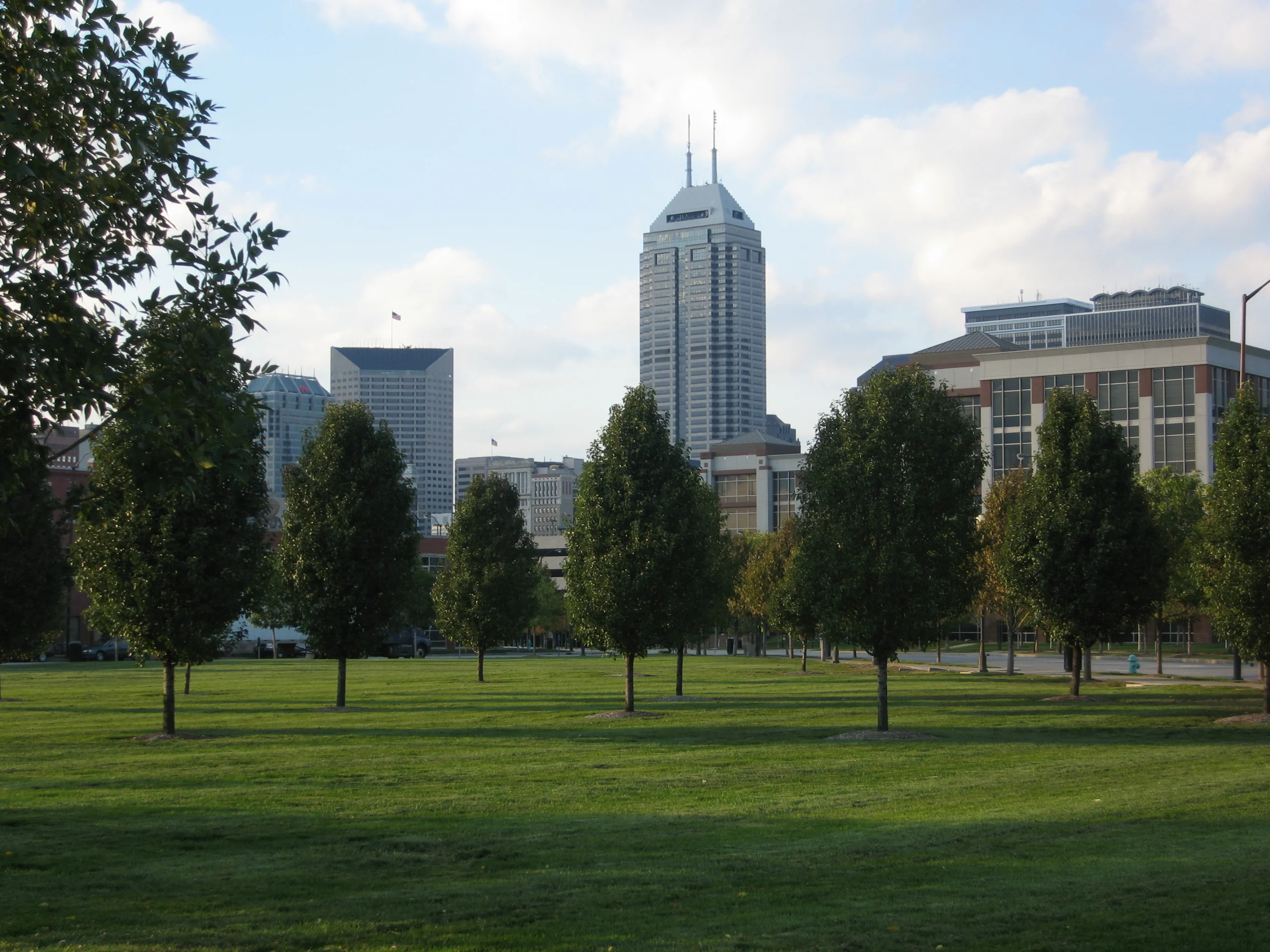 Indianapolis Skyline with Park View of a city skyline with tall buildings in the background, framed by trees and green grass in the foreground.
