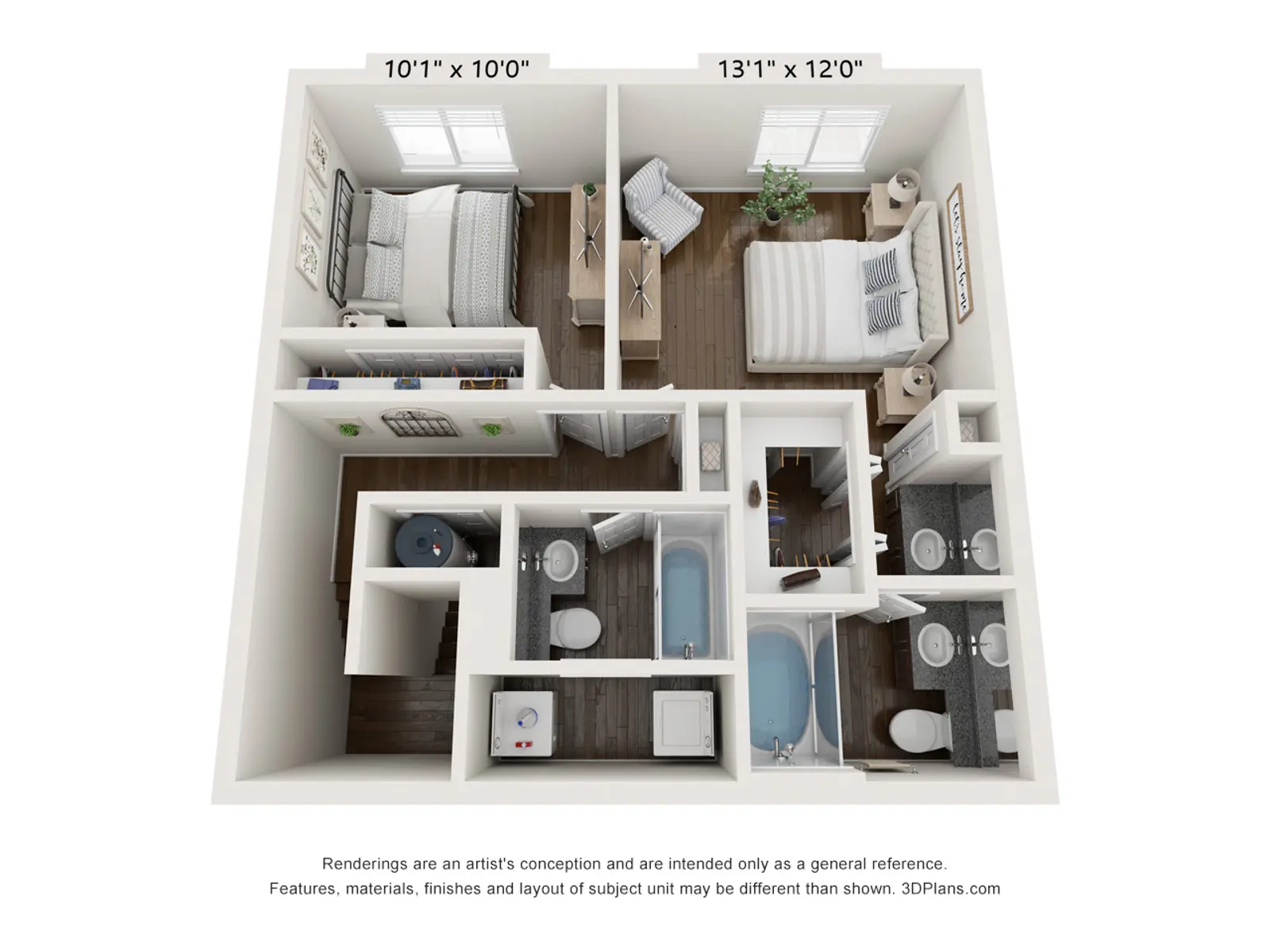 24656e7b5de14cad818403079e9e8b48.jpg Floor plan of a two-bedroom apartment, showcasing living spaces, bedrooms, bathrooms, and a kitchen layout.