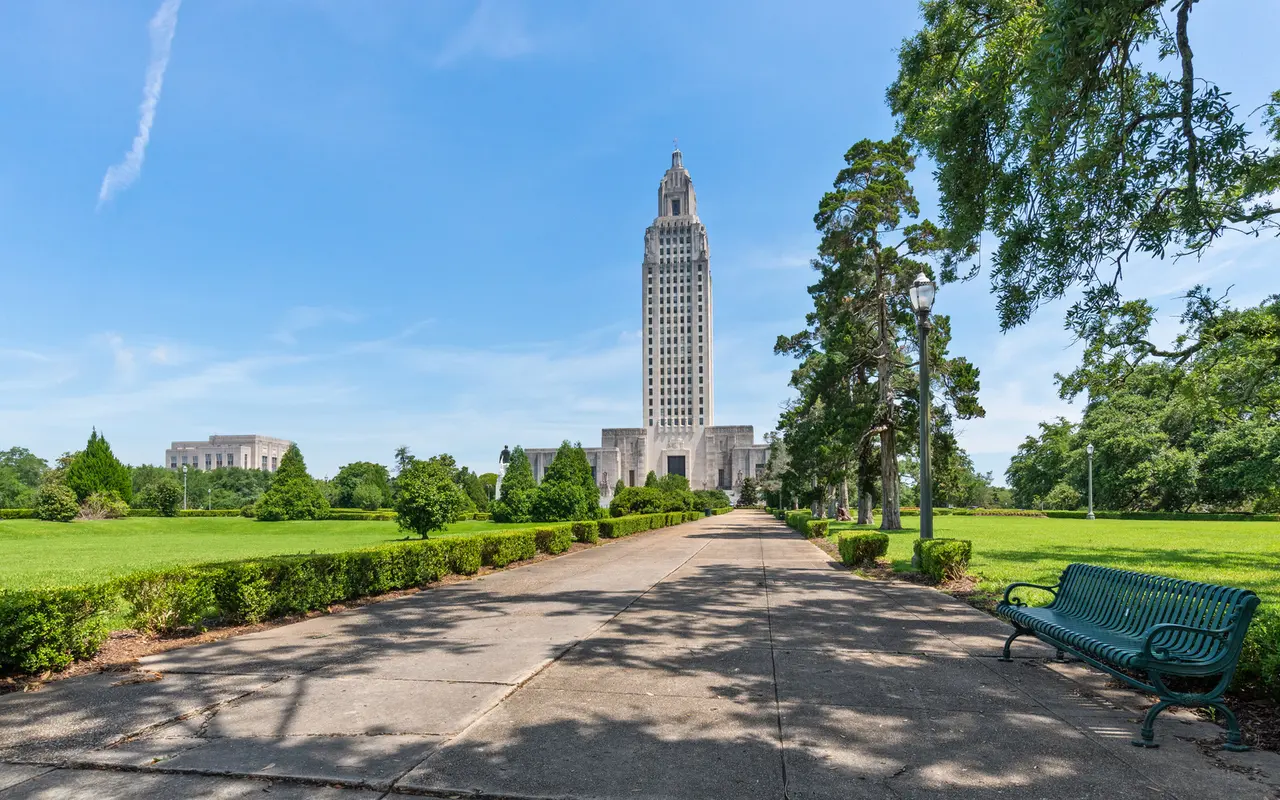 Pathway lined with shrubs leading up to a tall building against a clear blue sky.