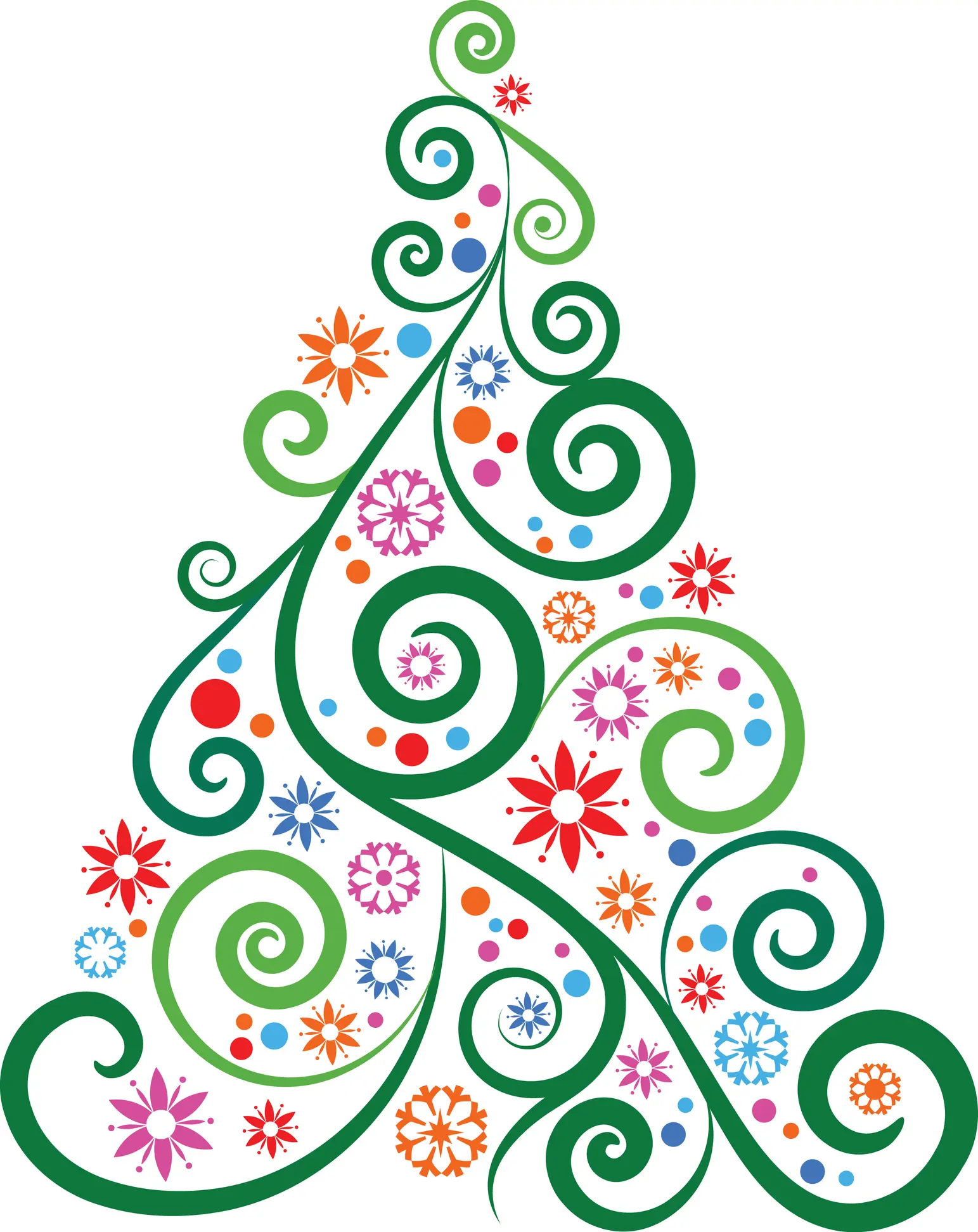 A whimsical, colorful Christmas tree design featuring green swirls and decorative elements in red, blue, pink, and orange including dots and star shapes.