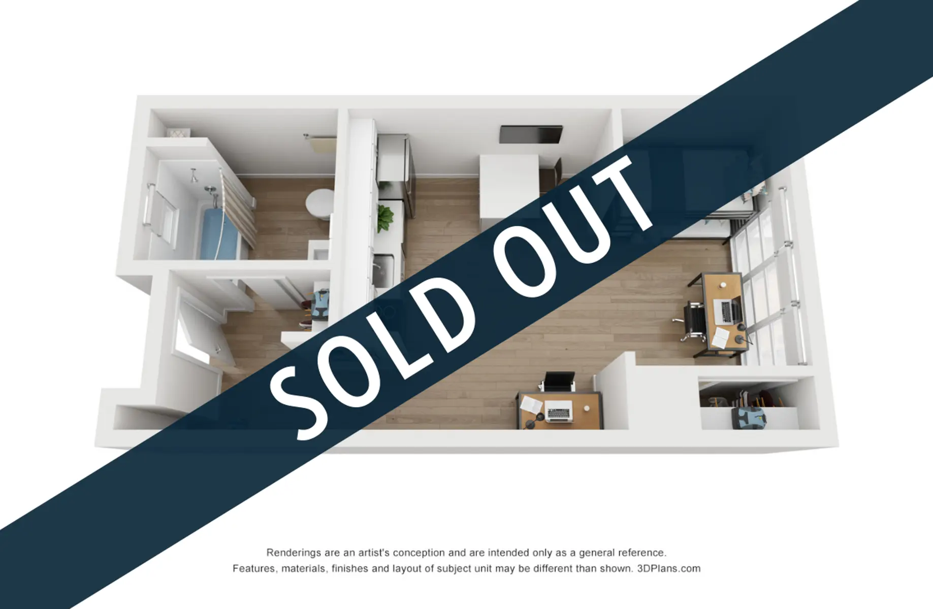 3D rendering of a floor plan featuring multiple rooms with furniture, overlaid with the text 'SOLD OUT.'