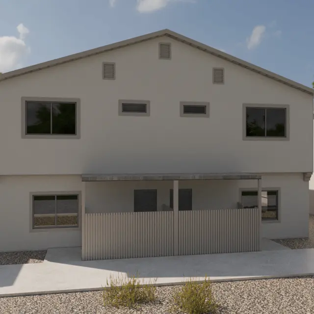 Modern Two-Story House Design A modern two-story house showcasing a minimalist architectural design with large windows, a covered porch, and surrounded by gravel pathways and sparse greenery.