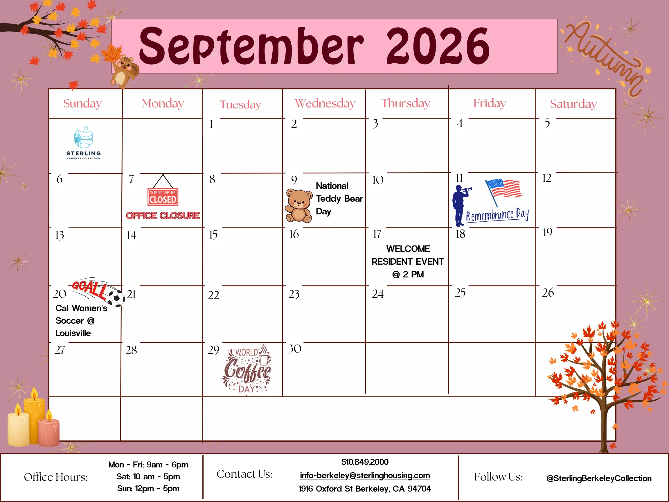 A colorful September 2026 calendar with autumn themes, featuring dates and events such as National Teddy Bear Day and a resident event.