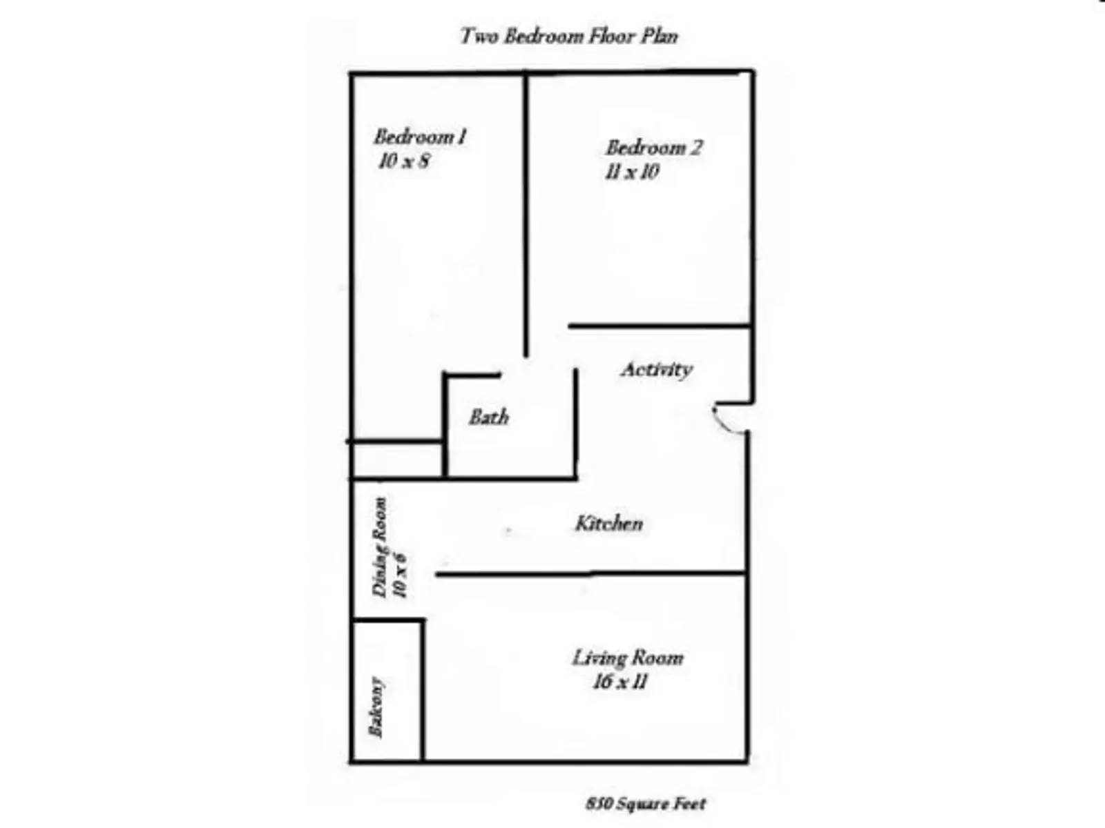 A floor plan for a two-bedroom apartment featuring two bedrooms, a bath, kitchen, dining room, living room, and an activity area, with dimensions noted for each room.