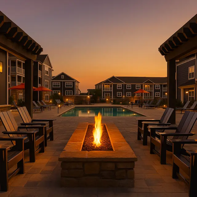 A serene outdoor pool area during sunset, featuring a fire pit surrounded by black wooden chairs, with lights illuminating nearby buildings.
