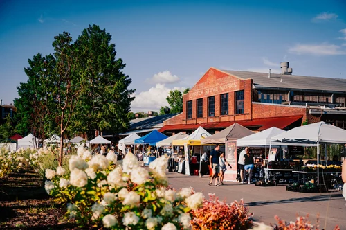 A vibrant outdoor market scene with white tents and a red brick building in the background. People are browsing stalls while lush greenery and flowering plants adorn the foreground.