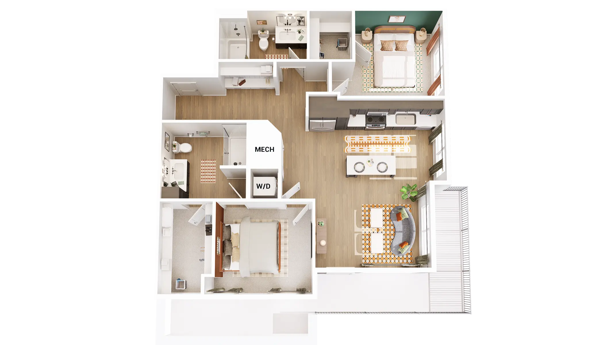 Residential Floor Plan A top-down view of a residential floor plan showing a living area, kitchen, two bedrooms, and a bathroom.