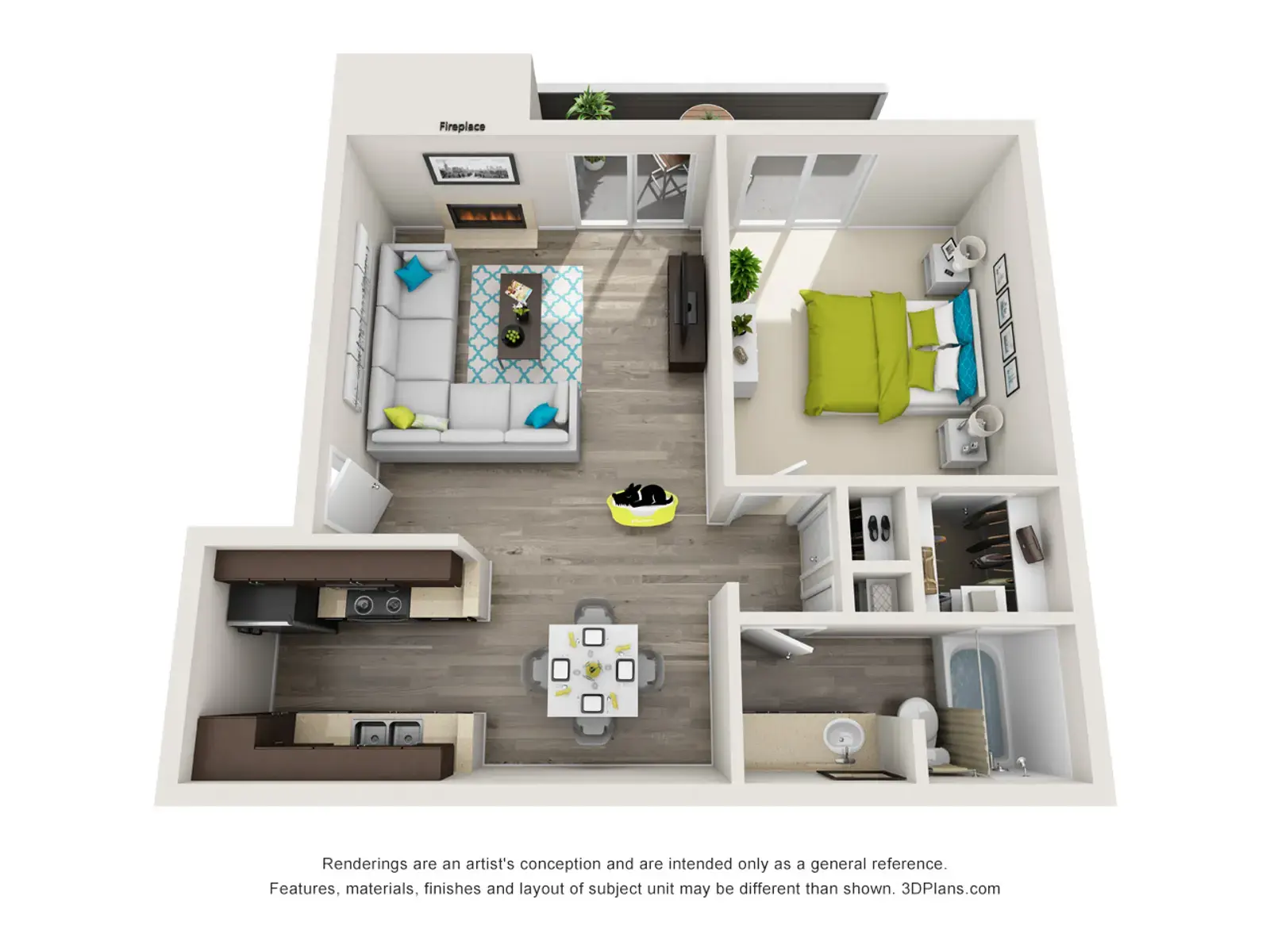 Apartment Layout Floor Plan A 3D floor plan of a cozy apartment layout featuring a living room, kitchen, bedroom, and bathroom.