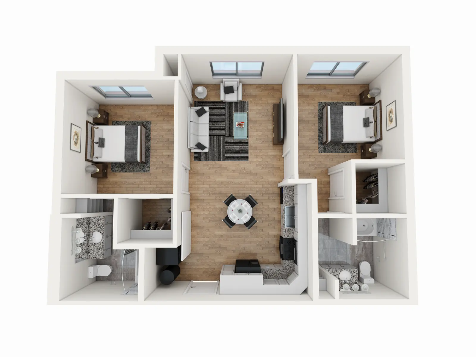 An overhead view of a modern floor plan showing a living area, two bedrooms, and a bathroom.